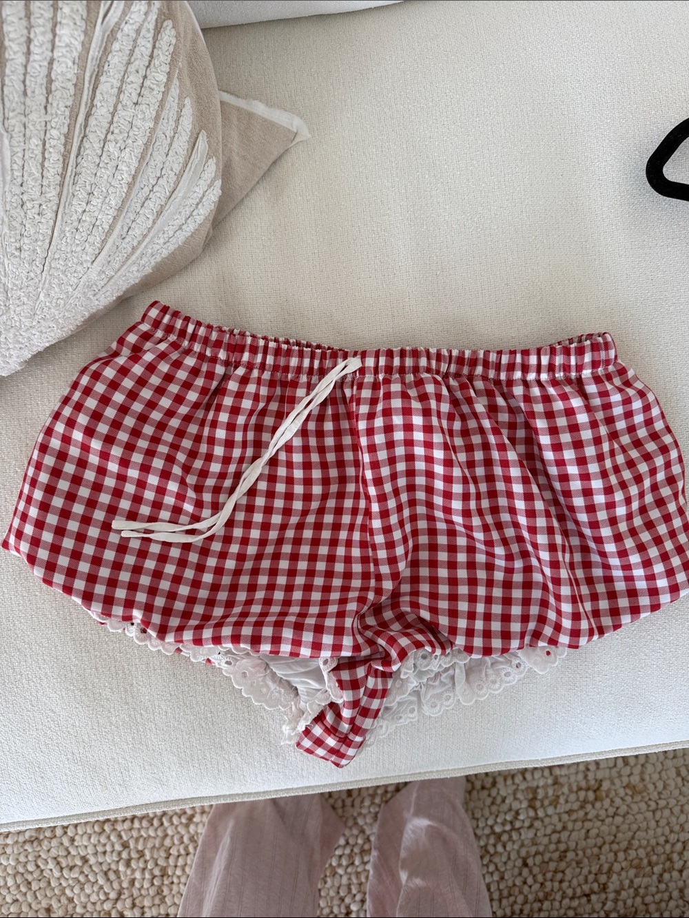 Reformation Red and White Gingham High Waist Shorts
